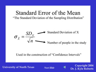 Standard Error of the Mean “The Standard Deviation of the Sampling Distribution” Standard Deviation of X Number of people in the study Used in the construction of “Confidence Intervals” Next Slide 