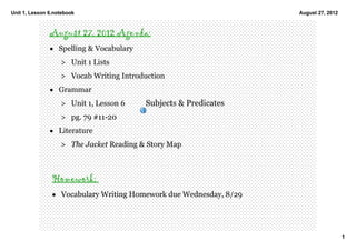 Unit 1, Lesson 6.notebook                                           August 27, 2012



               August 27, 2012 Agenda:
               • Spelling & Vocabulary
                   > Unit 1 Lists
                   > Vocab Writing Introduction 
               • Grammar
                   > Unit 1, Lesson 6     Subjects & Predicates 
                   > pg. 79 #11­20
               • Literature 
                   > The Jacket Reading & Story Map 



                Homework:
                • Vocabulary Writing Homework due Wednesday, 8/29




                                                                                      1
 