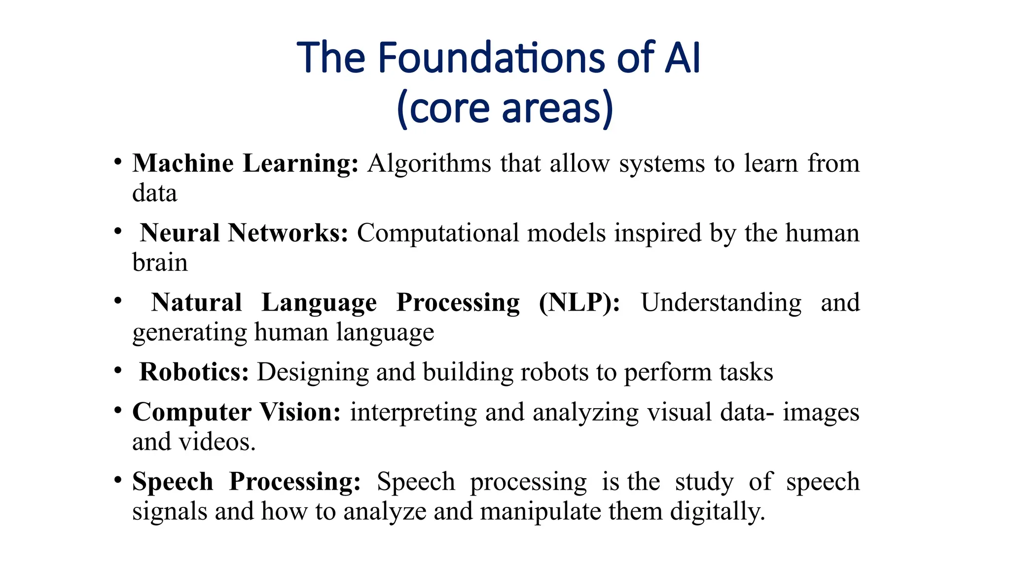 The Foundations of AI
(core areas)
• Machine Learning: Algorithms that allow systems to learn from
data
• Neural Networks: Computational models inspired by the human
brain
• Natural Language Processing (NLP): Understanding and
generating human language
• Robotics: Designing and building robots to perform tasks
• Computer Vision: interpreting and analyzing visual data- images
and videos.
• Speech Processing: Speech processing is the study of speech
signals and how to analyze and manipulate them digitally.
 
