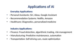 Applications of AI
Everyday Applications:
• - Personal Assistants: Siri, Alexa, Google Assistant
• - Recommendation Systems: Netflix, Amazon
• - Healthcare: Diagnostics, personalized medicine
Industry Applications:
• - Finance: Fraud detection, algorithmic trading, risk management
• - Manufacturing: Predictive maintenance, automation
• - Transportation: Self-driving cars, route optimization
 
