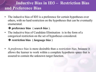 Inductive Bias in ID3 – Restriction Bias
and Preference Bias
• The inductive bias of ID3 is a preference for certain hypot...