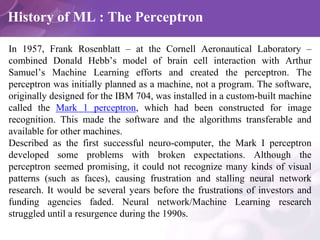 History of ML : The Perceptron
In 1957, Frank Rosenblatt – at the Cornell Aeronautical Laboratory –
combined Donald Hebb’s...