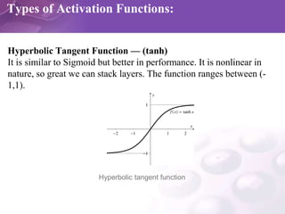 Types of Activation Functions:
Hyperbolic Tangent Function — (tanh)
It is similar to Sigmoid but better in performance. It...