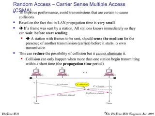 McGraw-Hill ©The McGraw-Hill Companies, Inc., 2004
Random Access – Carrier Sense Multiple Access
(CSMA) To improve performance, avoid transmissions that are certain to cause
collisions
 Based on the fact that in LAN propagation time is very small
  If a frame was sent by a station, All stations knows immediately so they
can wait before start sending
  A station with frames to be sent, should sense the medium for the
presence of another transmission (carrier) before it starts its own
transmission
 This can reduce the possibility of collision but it cannot eliminate it.
 Collision can only happen when more than one station begin transmitting
within a short time (the propagation time period)
 