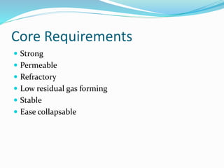 Core Requirements
 Strong
 Permeable
 Refractory
 Low residual gas forming
 Stable
 Ease collapsable
 