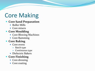 Core Making
 Core Sand Preparation
 Roller Mills
 Core mixers
 Core Moulding
 Core Blowing Machines
 Core Ramming
 Core Baking
 Core ovens
 Batch type
 Continuous type
 Dielectric Bakers
 Core Finishing
 Core dressing
 Core coating
 
