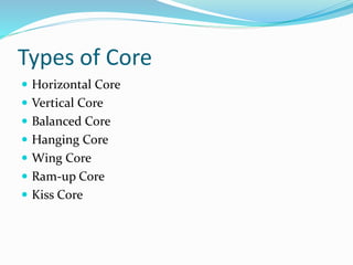 Types of Core
 Horizontal Core
 Vertical Core
 Balanced Core
 Hanging Core
 Wing Core
 Ram-up Core
 Kiss Core
 
