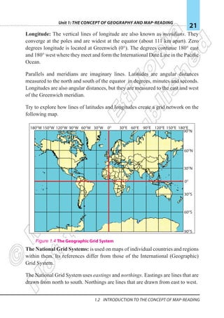 Unit 1: The Concept of Geography and Map-Reading
21
1.2 Introduction To The Concept Of Map-reading
Longitude: The vertical lines of longitude are also known as meridians. They
converge at the poles and are widest at the equator (about 111 km apart). Zero
degrees longitude is located at Greenwich (0°). The degrees continue 180° east
and 180° west where they meet and form the International Date Line in the Pacific
Ocean.
Parallels and meridians are imaginary lines. Latitudes are angular distances
measured to the north and south of the equator in degrees, minutes and seconds.
Longitudes are also angular distances, but they are measured to the east and west
of the Greenwich meridian.
Try to explore how lines of latitudes and longitudes create a grid network on the
following map.
The National Grid Systems: is used on maps of individual countries and regions
within them. Its references differ from those of the International (Geographic)
Grid System.
The National Grid System uses eastings and northings. Eastings are lines that are
drawn from north to south. Northings are lines that are drawn from east to west.
0O
30O
W
60O
W
90O
W
120O
W
150O
W
180O
W 30O
E 60O
E 90O
E 120O
E 150O
E 180O
E
0O
30O
N
30O
S
60O
N
90O
N
60O
S
90O
S
Figure 1.4 The Geographic Grid System
 