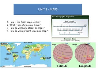 UNIT 1 - MAPS
1- How is the Earth represented?
2- What types of maps are there?
3- How do we locate places on maps?
4- How do we represent scale on a map?
 