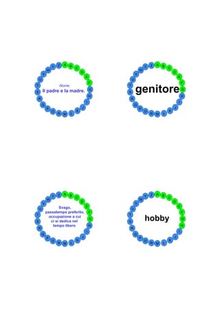Z   A   B                                       Z   A   B
                Y               C                               Y               C
            W                                               W
                                    D                                               D
        V                                               V
                                        E                                               E
    U                                               U
                                            F                                               F
T                   Nome.                       T

S       Il padre e la madre.                G

                                            H
                                                S       genitore                            G

                                                                                            H
R                                               R
                                        I                                               I
        Q                                               Q
            P                       J                       P                       J
                O               K                               O               K
                    N   M   L                                       N   M   L




                    Z   A   B                                       Z   A   B
                Y               C                               Y               C
            W                                               W
                                    D                                               D
        V                                               V
                    Svago,              E                                               E
    U                                               U
            passatempo preferito,           F                                               F
T                                               T

S
              occupazione a cui
               ci si dedica nel
                                            G
                                                S
                                                                hobby                       G

                tempo libero                H                                               H
R                                               R
                                        I                                               I
        Q                                               Q
            P                       J                       P                       J
                O               K                               O               K
                    N   M   L                                       N   M   L
 