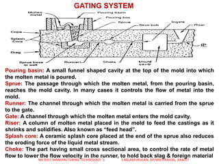 GATING SYSTEM
ME 8351 MANUFACTURING TECHNOLOGY -1 S.BALAMURUGAN, AP/MECHANICAL, AAACET
Pouring basin: A small funnel shape...