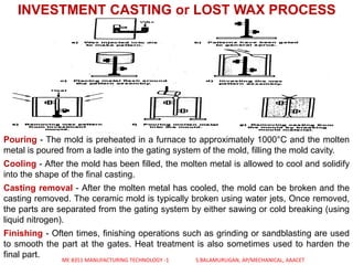 INVESTMENT CASTING or LOST WAX PROCESS
Pouring - The mold is preheated in a furnace to approximately 1000°C and the molten...