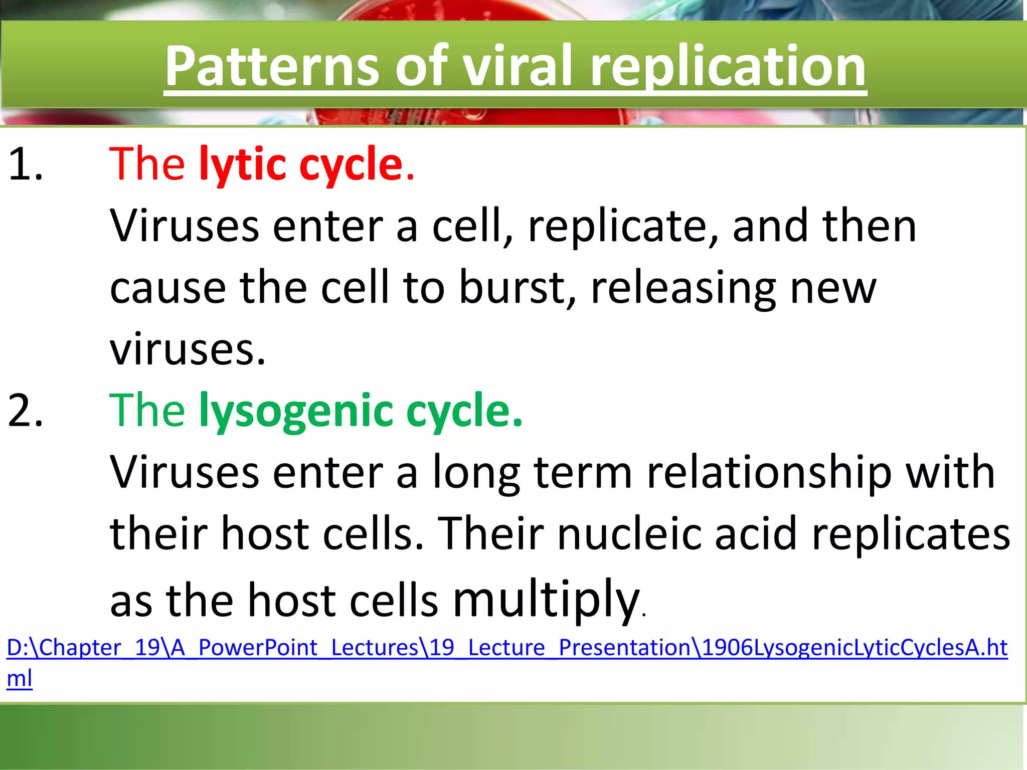 Patterns of viral replication
1. The lytic cycle.
Viruses enter a cell, replicate, and then
cause the cell to burst, releasing new
viruses.
2. The lysogenic cycle.
Viruses enter a long term relationship with
their host cells. Their nucleic acid replicates
as the host cells multiply.
D:Chapter_19A_PowerPoint_Lectures19_Lecture_Presentation1906LysogenicLyticCyclesA.ht
ml
 