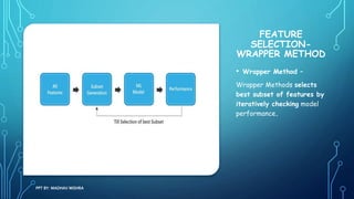 FEATURE
SELECTION-
WRAPPER METHOD
• Wrapper Method –
Wrapper Methods selects
best subset of features by
iteratively checki...