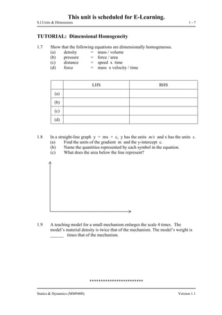 This unit is scheduled for E-Learning.
S.I.Units & Dimensions 1 - 7
Statics & Dynamics (MM9400) Version 1.1
TUTORIAL: Dimensional Homogeneity
1.7 Show that the following equations are dimensionally homogeneous.
(a) density = mass / volume
(b) pressure = force / area
(c) distance = speed x time
(d) force = mass x velocity / time
LHS RHS
(a)
(b)
(c)
(d)
1.8 In a straight-line graph y = mx + c, y has the units m/s and x has the units s.
(a) Find the units of the gradient m and the y-intercept c.
(b) Name the quantities represented by each symbol in the equation.
(c) What does the area below the line represent?
1.9 A teaching model for a small mechanism enlarges the scale 4 times. The
model’s material density is twice that of the mechanism. The model’s weight is
______ times that of the mechanism.
************************
 
