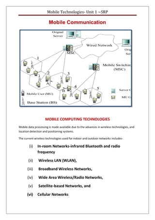 Mobile Technologies- Unit 1 ~SRP
Mobile Communication
MOBILE COMPUTING TECHNOLOGIES
Mobile data processing is made available due to the advances in wireless technologies, and
location detection and positioning systems.
The current wireless technologies used for indoor and outdoor networks includes-
(i) In-room Networks-infrared Bluetooth and radio
frequency
(ii) Wireless LAN (WLAN),
(iii) Broadband Wireless Networks,
(iv) Wide Area Wireless/Radio Networks,
(v) Satellite-based Networks, and
(vi) Cellular Networks
 