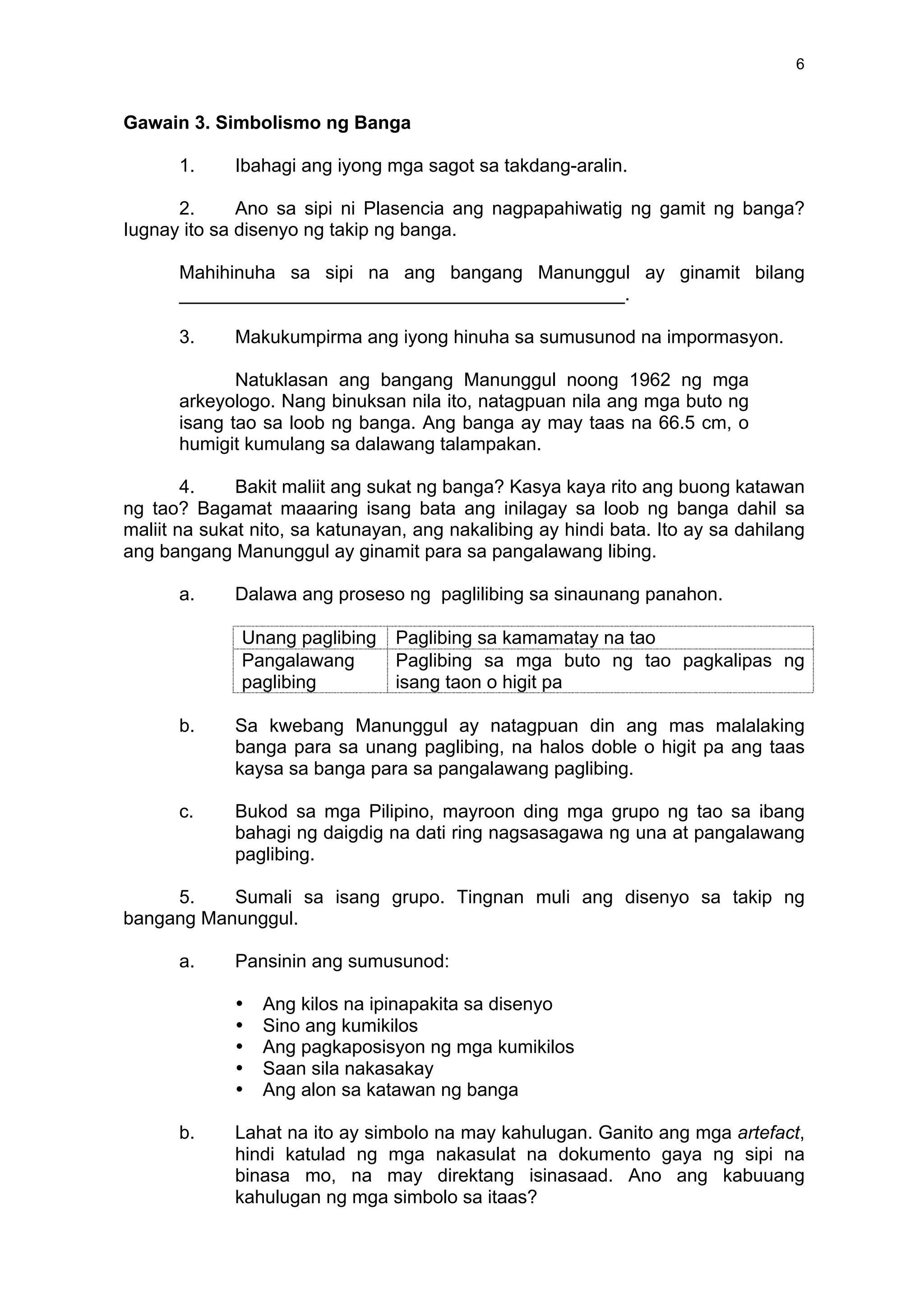 6
Gawain 3. Simbolismo ng Banga
1. Ibahagi ang iyong mga sagot sa takdang-aralin.
2. Ano sa sipi ni Plasencia ang nagpapahiwatig ng gamit ng banga?
Iugnay ito sa disenyo ng takip ng banga.
Mahihinuha sa sipi na ang bangang Manunggul ay ginamit bilang
___________________________________________.
3. Makukumpirma ang iyong hinuha sa sumusunod na impormasyon.
Natuklasan ang bangang Manunggul noong 1962 ng mga
arkeyologo. Nang binuksan nila ito, natagpuan nila ang mga buto ng
isang tao sa loob ng banga. Ang banga ay may taas na 66.5 cm, o
humigit kumulang sa dalawang talampakan.
4. Bakit maliit ang sukat ng banga? Kasya kaya rito ang buong katawan
ng tao? Bagamat maaaring isang bata ang inilagay sa loob ng banga dahil sa
maliit na sukat nito, sa katunayan, ang nakalibing ay hindi bata. Ito ay sa dahilang
ang bangang Manunggul ay ginamit para sa pangalawang libing.
a. Dalawa ang proseso ng paglilibing sa sinaunang panahon.
Unang paglibing Paglibing sa kamamatay na tao
Pangalawang
paglibing
Paglibing sa mga buto ng tao pagkalipas ng
isang taon o higit pa
b. Sa kwebang Manunggul ay natagpuan din ang mas malalaking
banga para sa unang paglibing, na halos doble o higit pa ang taas
kaysa sa banga para sa pangalawang paglibing.
c. Bukod sa mga Pilipino, mayroon ding mga grupo ng tao sa ibang
bahagi ng daigdig na dati ring nagsasagawa ng una at pangalawang
paglibing.
5. Sumali sa isang grupo. Tingnan muli ang disenyo sa takip ng
bangang Manunggul.
a. Pansinin ang sumusunod:
• Ang kilos na ipinapakita sa disenyo
• Sino ang kumikilos
• Ang pagkaposisyon ng mga kumikilos
• Saan sila nakasakay
• Ang alon sa katawan ng banga
b. Lahat na ito ay simbolo na may kahulugan. Ganito ang mga artefact,
hindi katulad ng mga nakasulat na dokumento gaya ng sipi na
binasa mo, na may direktang isinasaad. Ano ang kabuuang
kahulugan ng mga simbolo sa itaas?
 