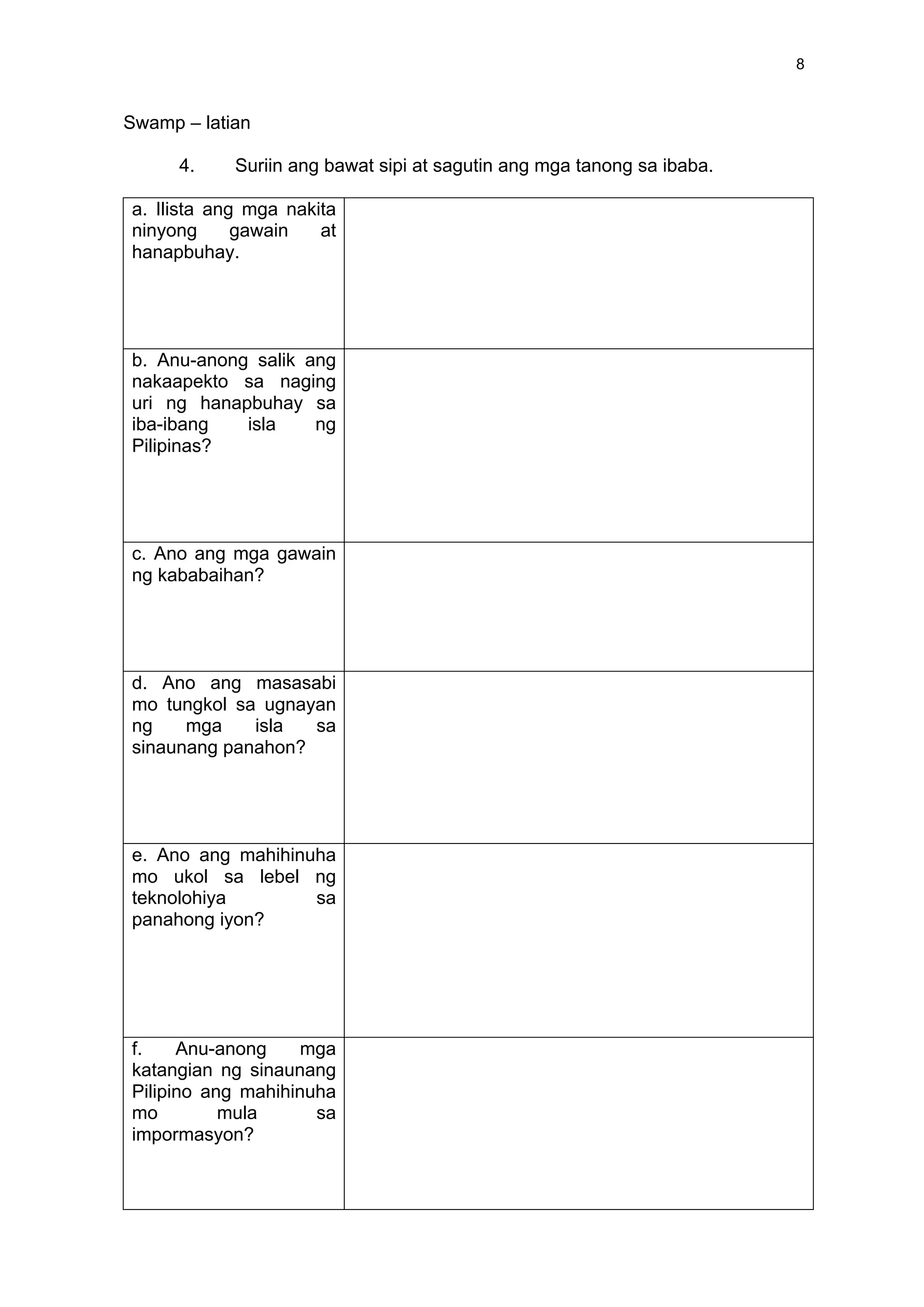 8
Swamp – latian
4. Suriin ang bawat sipi at sagutin ang mga tanong sa ibaba.
a. Ilista ang mga nakita
ninyong gawain at
hanapbuhay.
b. Anu-anong salik ang
nakaapekto sa naging
uri ng hanapbuhay sa
iba-ibang isla ng
Pilipinas?
c. Ano ang mga gawain
ng kababaihan?
d. Ano ang masasabi
mo tungkol sa ugnayan
ng mga isla sa
sinaunang panahon?
e. Ano ang mahihinuha
mo ukol sa lebel ng
teknolohiya sa
panahong iyon?
f. Anu-anong mga
katangian ng sinaunang
Pilipino ang mahihinuha
mo mula sa
impormasyon?
 