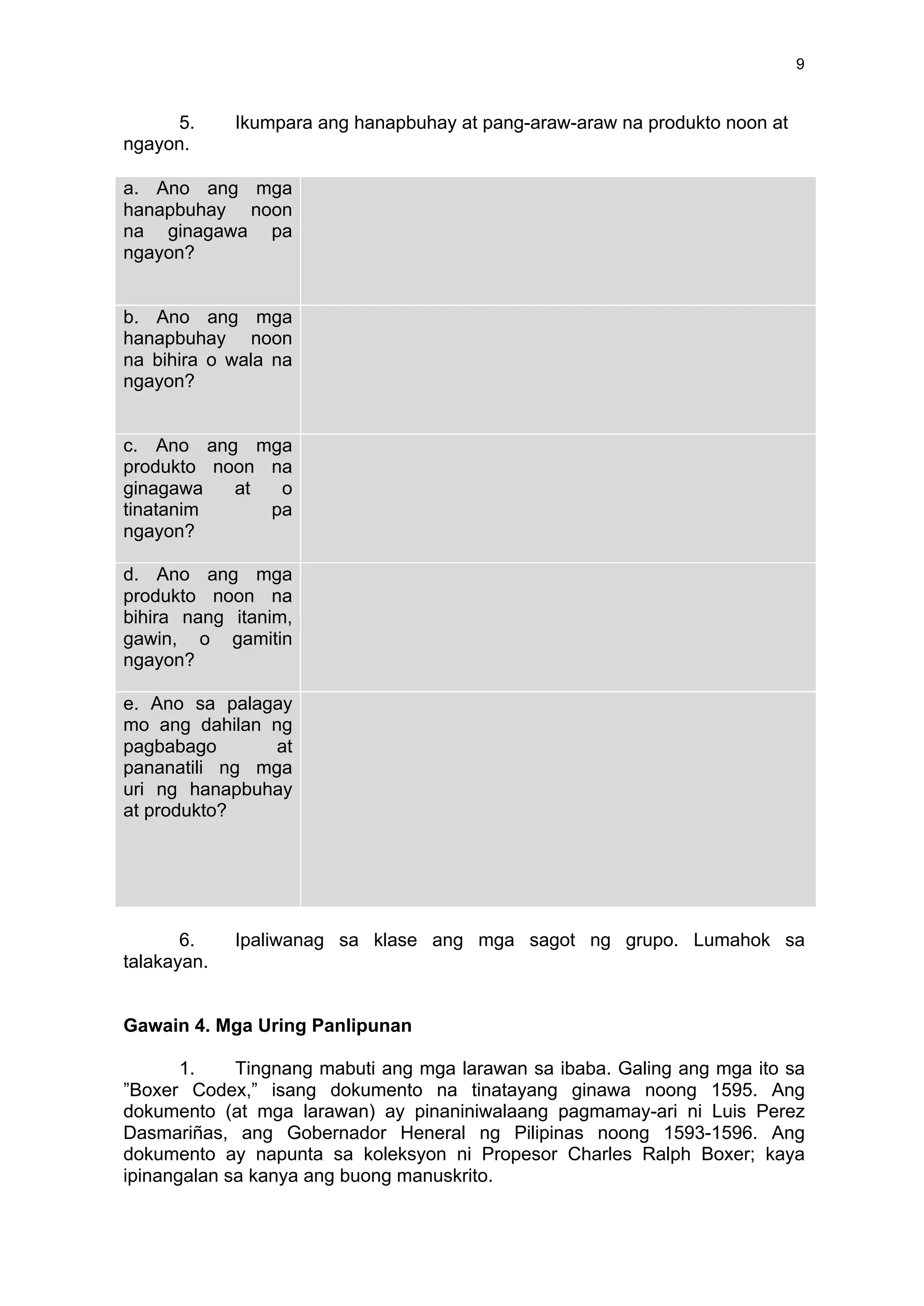 9
5. Ikumpara ang hanapbuhay at pang-araw-araw na produkto noon at
ngayon.
a. Ano ang mga
hanapbuhay noon
na ginagawa pa
ngayon?
	
  
	
  
	
  
b. Ano ang mga
hanapbuhay noon
na bihira o wala na
ngayon?
	
  
	
  
	
  
c. Ano ang mga
produkto noon na
ginagawa at o
tinatanim pa
ngayon?
	
  
	
  
d. Ano ang mga
produkto noon na
bihira nang itanim,
gawin, o gamitin
ngayon?
	
  
	
  
e. Ano sa palagay
mo ang dahilan ng
pagbabago at
pananatili ng mga
uri ng hanapbuhay
at produkto?
	
  
6. Ipaliwanag sa klase ang mga sagot ng grupo. Lumahok sa
talakayan.
Gawain 4. Mga Uring Panlipunan
1. Tingnang mabuti ang mga larawan sa ibaba. Galing ang mga ito sa
”Boxer Codex,” isang dokumento na tinatayang ginawa noong 1595. Ang
dokumento (at mga larawan) ay pinaniniwalaang pagmamay-ari ni Luis Perez
Dasmariñas, ang Gobernador Heneral ng Pilipinas noong 1593-1596. Ang
dokumento ay napunta sa koleksyon ni Propesor Charles Ralph Boxer; kaya
ipinangalan sa kanya ang buong manuskrito.
 