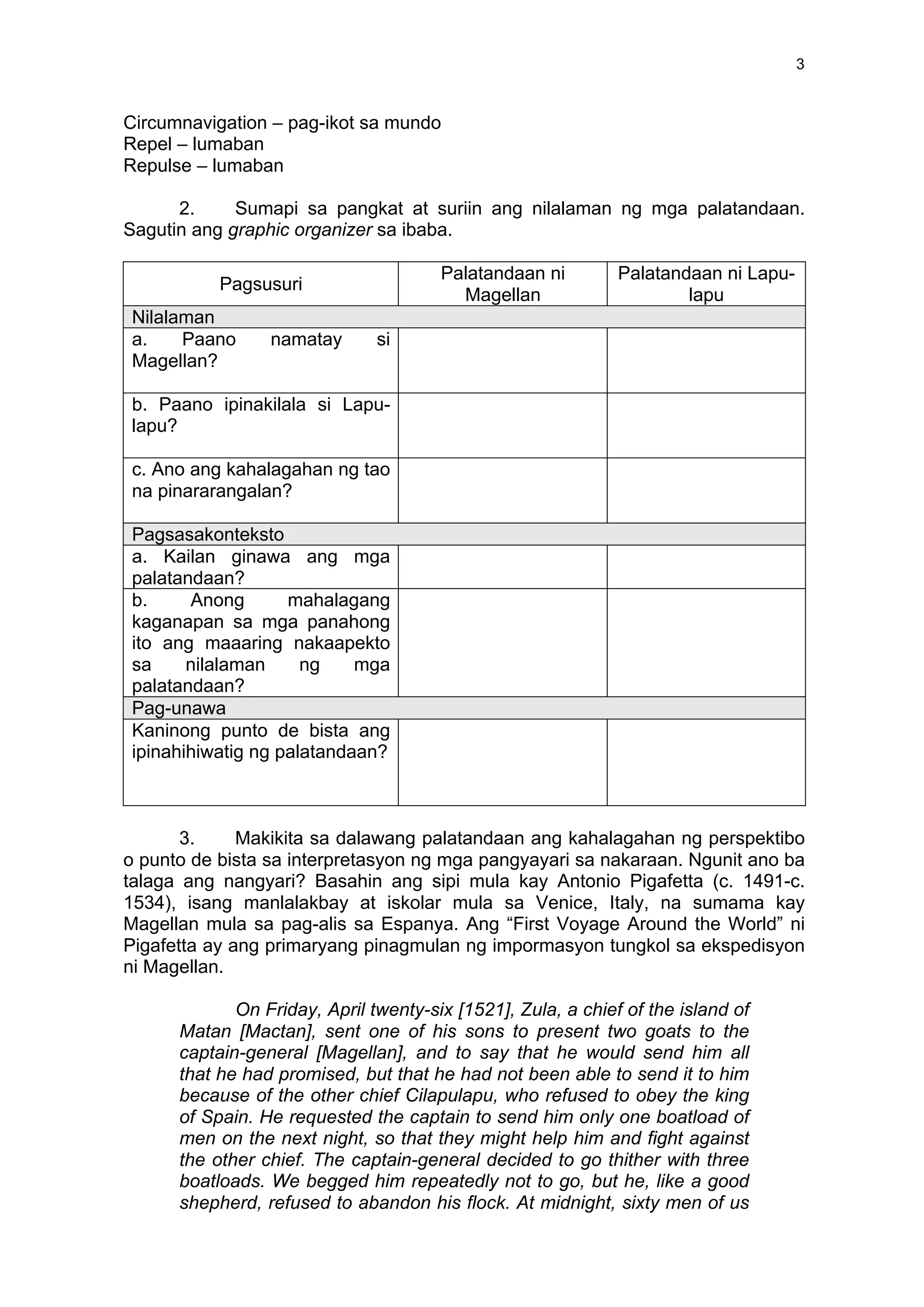  
	
  
3	
  
Circumnavigation – pag-ikot sa mundo
Repel – lumaban
Repulse – lumaban
2. Sumapi sa pangkat at suriin ang nilalaman ng mga palatandaan.
Sagutin ang graphic organizer sa ibaba.
Pagsusuri
Palatandaan ni
Magellan
Palatandaan ni Lapu-
lapu
Nilalaman
a. Paano namatay si
Magellan?
b. Paano ipinakilala si Lapu-
lapu?
c. Ano ang kahalagahan ng tao
na pinararangalan?
Pagsasakonteksto
a. Kailan ginawa ang mga
palatandaan?
b. Anong mahalagang
kaganapan sa mga panahong
ito ang maaaring nakaapekto
sa nilalaman ng mga
palatandaan?
Pag-unawa
Kaninong punto de bista ang
ipinahihiwatig ng palatandaan?
3. Makikita sa dalawang palatandaan ang kahalagahan ng perspektibo
o punto de bista sa interpretasyon ng mga pangyayari sa nakaraan. Ngunit ano ba
talaga ang nangyari? Basahin ang sipi mula kay Antonio Pigafetta (c. 1491-c.
1534), isang manlalakbay at iskolar mula sa Venice, Italy, na sumama kay
Magellan mula sa pag-alis sa Espanya. Ang “First Voyage Around the World” ni
Pigafetta ay ang primaryang pinagmulan ng impormasyon tungkol sa ekspedisyon
ni Magellan.
On Friday, April twenty-six [1521], Zula, a chief of the island of
Matan [Mactan], sent one of his sons to present two goats to the
captain-general [Magellan], and to say that he would send him all
that he had promised, but that he had not been able to send it to him
because of the other chief Cilapulapu, who refused to obey the king
of Spain. He requested the captain to send him only one boatload of
men on the next night, so that they might help him and fight against
the other chief. The captain-general decided to go thither with three
boatloads. We begged him repeatedly not to go, but he, like a good
shepherd, refused to abandon his flock. At midnight, sixty men of us
 