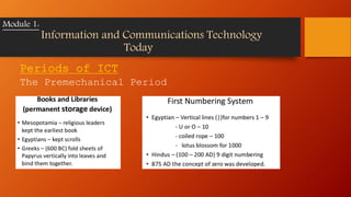 Periods of ICT
The Premechanical Period
Module 1:
Information and Communications Technology
Today
 