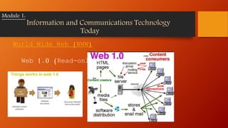 World Wide Web (WWW)
Web 1.0 (Read-only Web)
Module 1:
Information and Communications Technology
Today
 
