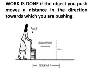 WORK IS DONE if the object you push
moves a distance in the direction
towards which you are pushing.
 