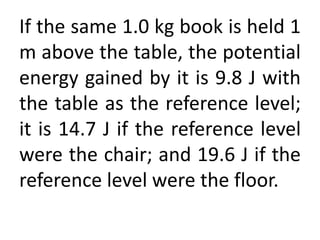 If the same 1.0 kg book is held 1
m above the table, the potential
energy gained by it is 9.8 J with
the table as the reference level;
it is 14.7 J if the reference level
were the chair; and 19.6 J if the
reference level were the floor.
 