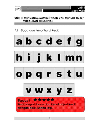 Unit 1
Modul Murid
UNIT 1: MENGENAL, MEMBUNYIKAN DAN MENULIS HURUF
VOKAL DAN KONSONAN
1.1 Baca dan kenal huruf kecil.
a b c d e f g
h i j k l mn
o p q r s t u
v w x y z
2
Bagus !
Anda dapat baca dan kenal abjad kecil
dengan baik. Usaha lagi.
 