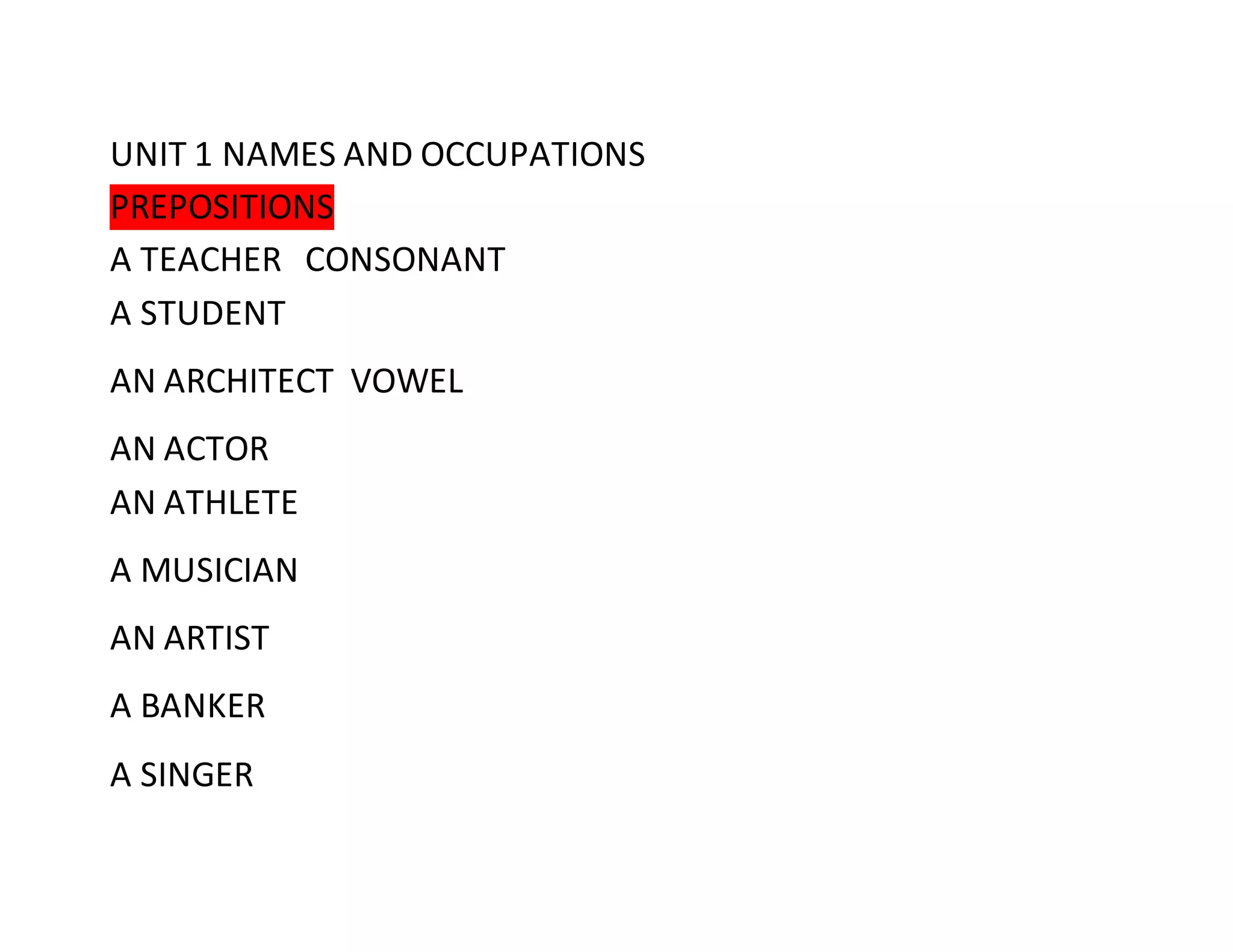 UNIT 1 NAMES AND OCCUPATIONS
PREPOSITIONS
A TEACHER CONSONANT
A STUDENT
AN ARCHITECT VOWEL
AN ACTOR
AN ATHLETE
A MUSICIAN
AN ARTIST
A BANKER
A SINGER
 
