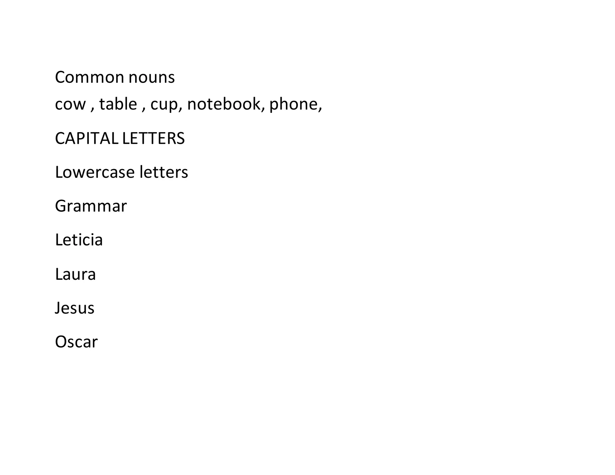 Common nouns
cow , table , cup, notebook, phone,
CAPITAL LETTERS
Lowercase letters
Grammar
Leticia
Laura
Jesus
Oscar
 