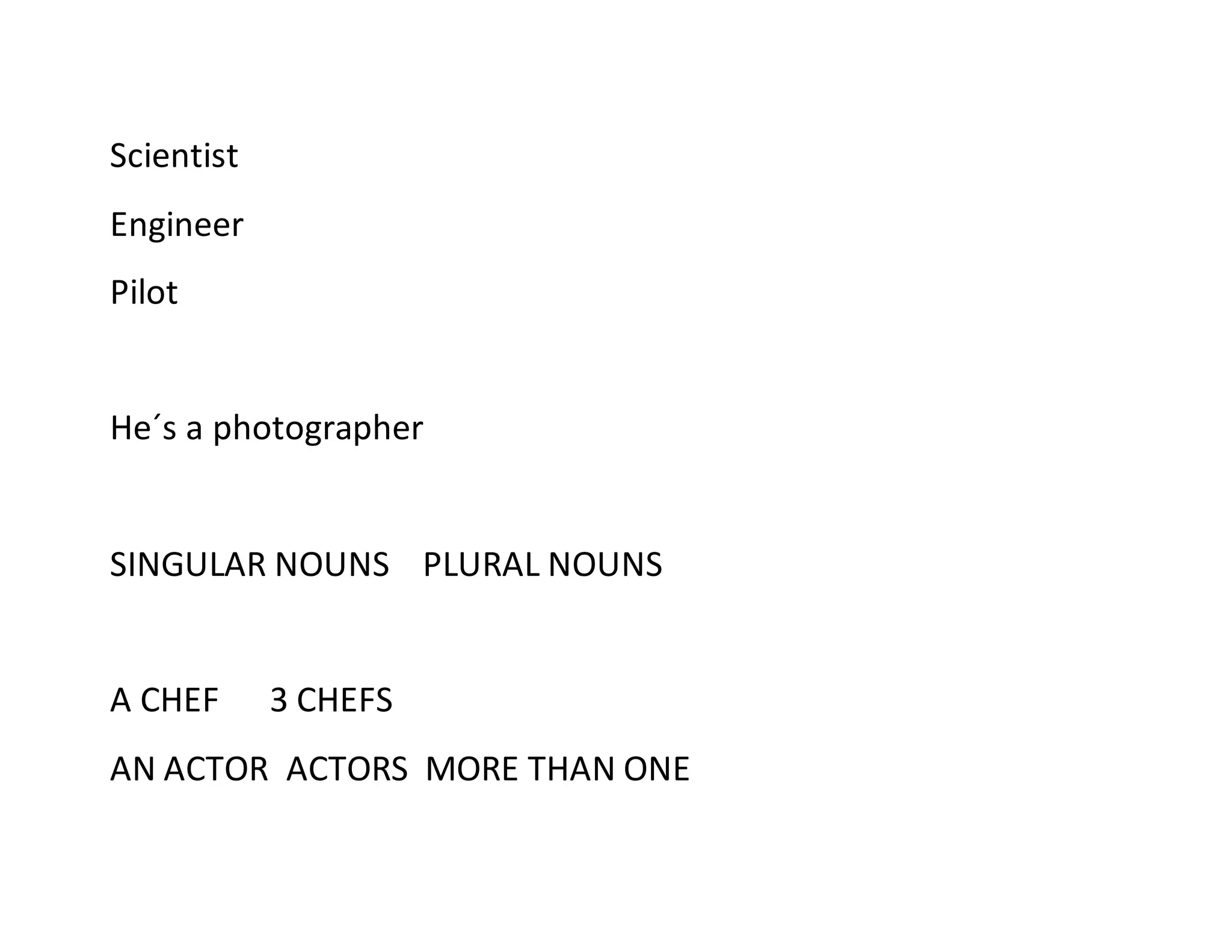 Scientist
Engineer
Pilot
He´s a photographer
SINGULAR NOUNS PLURAL NOUNS
A CHEF 3 CHEFS
AN ACTOR ACTORS MORE THAN ONE
 