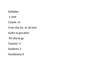 Syllables
1 chef
2 bank- er
3 me cha nic ar chi tect
4 pho to gra pher
Psi cho lo gy
Teacher 2
Students 2
Vocabulary 5
 
