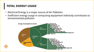 • Electrical Energy is a major source of Air Pollution
• Inefficient energy usage in computing equipment indirectly contributes to
environmental pollution
TOTAL ENERGY USAGE
 