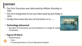 HISTORY
• The First Transistor was fabricated by William Shockley in
1947
• The First Integrated Circuit was fabricated by Jack Kelby in
1959
• Hardly there were few tens of transistors in it……..
• Technology Advanced
– Number of Transistors accommodated on a single IC slowly
increased…
• Figure Of Merit
– Performance
• Area
• Processing Power or Circuit Operational Speed
 