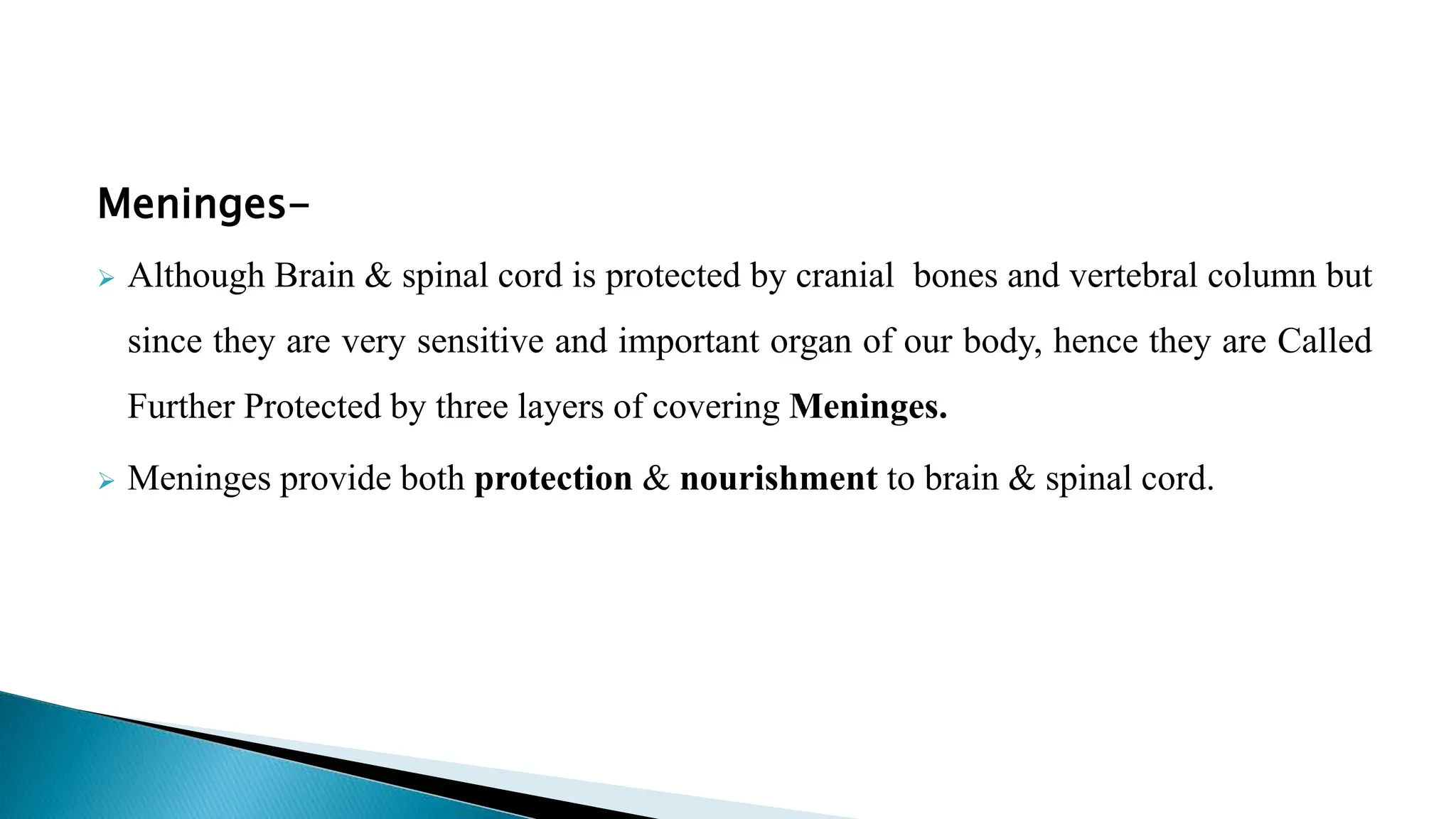 Meninges-
 Although Brain & spinal cord is protected by cranial bones and vertebral column but
since they are very sensitive and important organ of our body, hence they are Called
Further Protected by three layers of covering Meninges.
 Meninges provide both protection & nourishment to brain & spinal cord.
 