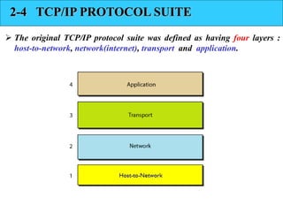 2-4 TCP/IP PROTOCOL SUITE 
 The original TCP/IP protocol suite was defined as having four layers : 
host-to-network, network(internet), transport and application. 
 