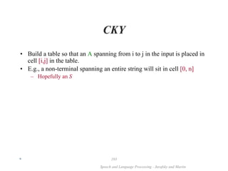 *
Speech and Language Processing - Jurafsky and Martin
193
CKY
• Build a table so that an A spanning from i to j in the input is placed in
cell [i,j] in the table.
• E.g., a non-terminal spanning an entire string will sit in cell [0, n]
– Hopefully an S
 