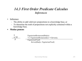 Representing Meaning 224
14.3 First Order Predicate Calculus
Inferences
• Inference
– The ability to add valid new propositions to a knowledge base, or
– To determine the truth of propositions not explicitly contained within a
knowledge base.
• Modus ponens
α
α⇒β
β
VegetarianRestaurant(Rudys)
∀x VegetarianRestaurant(x) ⇒ Serves(x,
VegetarianFood)
Serves(Rudys, VegetarianFood)
 
