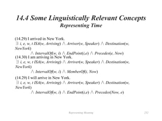 Representing Meaning 232
14.4 Some Linguistically Relevant Concepts
Representing Time
(14.29) I arrived in New York.
∃ i, e, w, t ISA(w, Arriving) ∧ Arriver(w, Speaker) ∧ Destination(w,
NewYork)
∧ IntervalOf(w, i) ∧ EndPoint(i,e) ∧ Precedes(e, Now)
(14.30) I am arriving in New York.
∃ i, e, w, t ISA(w, Arriving) ∧ Arriver(w, Speaker) ∧ Destination(w,
NewYork)
∧ IntervalOf(w, i) ∧ MemberOf(i, Now)
(14.29) I will arrive in New York.
∃ i, e, w, t ISA(w, Arriving) ∧ Arriver(w, Speaker) ∧ Destination(w,
NewYork)
∧ IntervalOf(w, i) ∧ EndPoint(i,e) ∧ Precedes(Now, e)
 
