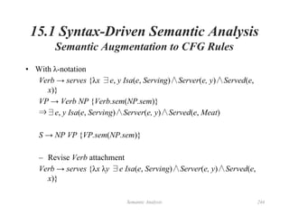 Semantic Analysis 244
15.1 Syntax-Driven Semantic Analysis
Semantic Augmentation to CFG Rules
• With λ-notation
Verb → serves {λx ∃e, y Isa(e, Serving)∧Server(e, y)∧Served(e,
x)}
VP → Verb NP {Verb.sem(NP.sem)}
⇒∃e, y Isa(e, Serving)∧Server(e, y)∧Served(e, Meat)
S → NP VP {VP.sem(NP.sem)}
– Revise Verb attachment
Verb → serves {λx λy ∃e Isa(e, Serving)∧Server(e, y)∧Served(e,
x)}
 