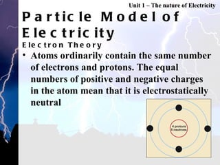 Particle Model of Electricity Electron Theory Atoms ordinarily contain the same number of electrons and protons. The equal numbers of positive and negative charges in the atom mean that it is electrostatically neutral Unit 1 – The nature of Electricity 