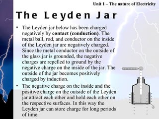 The Leyden Jar The Leyden jar below has been charged negatively by  contact (conduction) . The metal ball, rod, and conductor on the inside of the Leyden jar are negatively charged. Since the metal conductor on the outside of the glass jar is grounded, the negative charges are repelled to ground by the negative charge on the inside of the jar. The outside of the jar becomes positively charged by induction.  The negative charge on the inside and the positive charge on the outside of the Leyden jar attract each other and hold each other on the respective surfaces. In this way the Leyden jar can store charge for long periods of time.  Unit 1 – The nature of Electricity - - - - - - - - - - -  -  -  - ++++  -  - - - - - - ++++  - - - - - - - - 