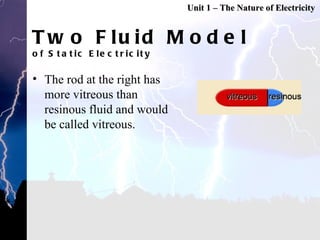 Two Fluid Model of Static Electricity The rod at the right has more vitreous than resinous fluid and would be called vitreous. Unit 1 – The Nature of Electricity 