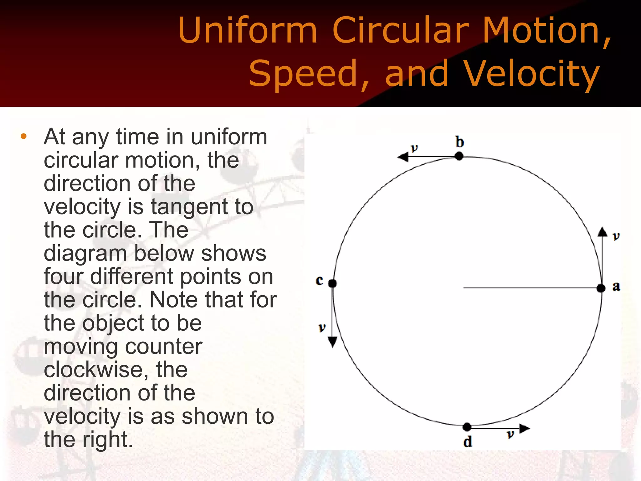 Uniform Circular Motion, Speed, and Velocity  At any time in uniform circular motion, the direction of the velocity is tangent to the circle. The diagram below shows four different points on the circle. Note that for the object to be moving counter clockwise, the direction of the velocity is as shown to the right.  
