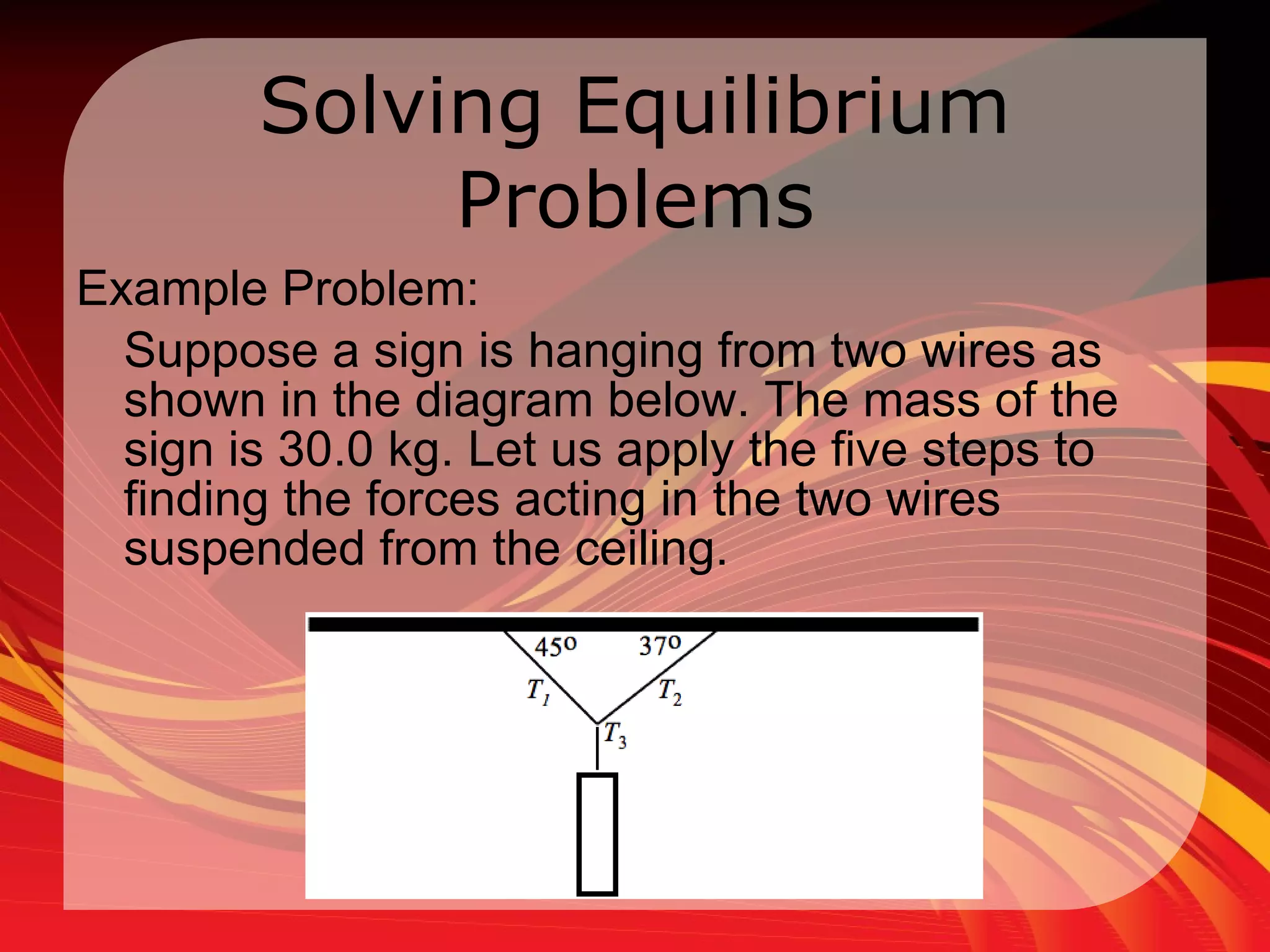 Solving Equilibrium Problems Example Problem: Suppose a sign is hanging from two wires as shown in the diagram below. The mass of the sign is 30.0 kg. Let us apply the five steps to finding the forces acting in the two wires suspended from the ceiling.  