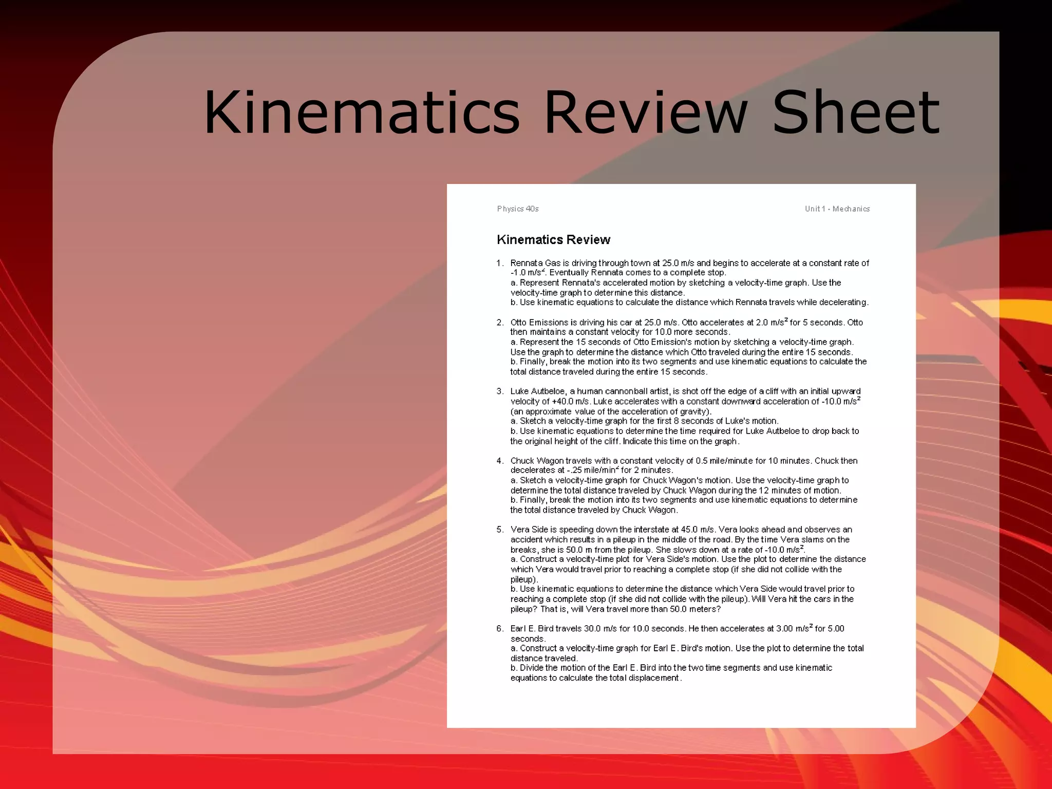 Kinematics Review Sheet 