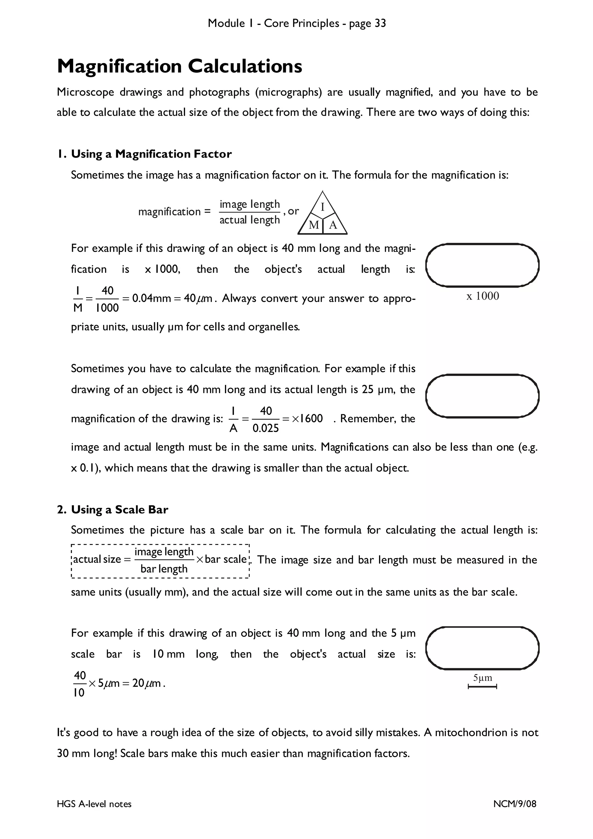 Module 1 - Core Principles - page 33

Magnification Calculations
Microscope drawings and photographs (micrographs) are usually magnified, and you have to be
able to calculate the actual size of the object from the drawing. There are two ways of doing this:

1. Using a Magnification Factor
Sometimes the image has a magnification factor on it. The formula for the magnification is:

magnification =

image length
I
, or
actual length
M A

For example if this drawing of an object is 40 mm long and the magnification

is

x 1000,

then

the

object's

actual

length

is:

I
40
=
= 0.04mm = 40 µm . Always convert your answer to approM 1000

x 1000

priate units, usually m for cells and organelles.

Sometimes you have to calculate the magnification. For example if this
drawing of an object is 40 mm long and its actual length is 25 m, the
magnification of the drawing is:

I
40
=
= ×1600 . Remember, the
A 0.025

image and actual length must be in the same units. Magnifications can also be less than one (e.g.
x 0.1), which means that the drawing is smaller than the actual object.

2. Using a Scale Bar
Sometimes the picture has a scale bar on it. The formula for calculating the actual length is:
actual size =

image length
× bar scale . The image size and bar length must be measured in the
bar length

same units (usually mm), and the actual size will come out in the same units as the bar scale.
For example if this drawing of an object is 40 mm long and the 5 m
scale bar is 10 mm long, then the object's actual size is:
40
× 5µm = 20 µm .
10

5µm

It's good to have a rough idea of the size of objects, to avoid silly mistakes. A mitochondrion is not
30 mm long! Scale bars make this much easier than magnification factors.

HGS A-level notes

NCM/9/08

 