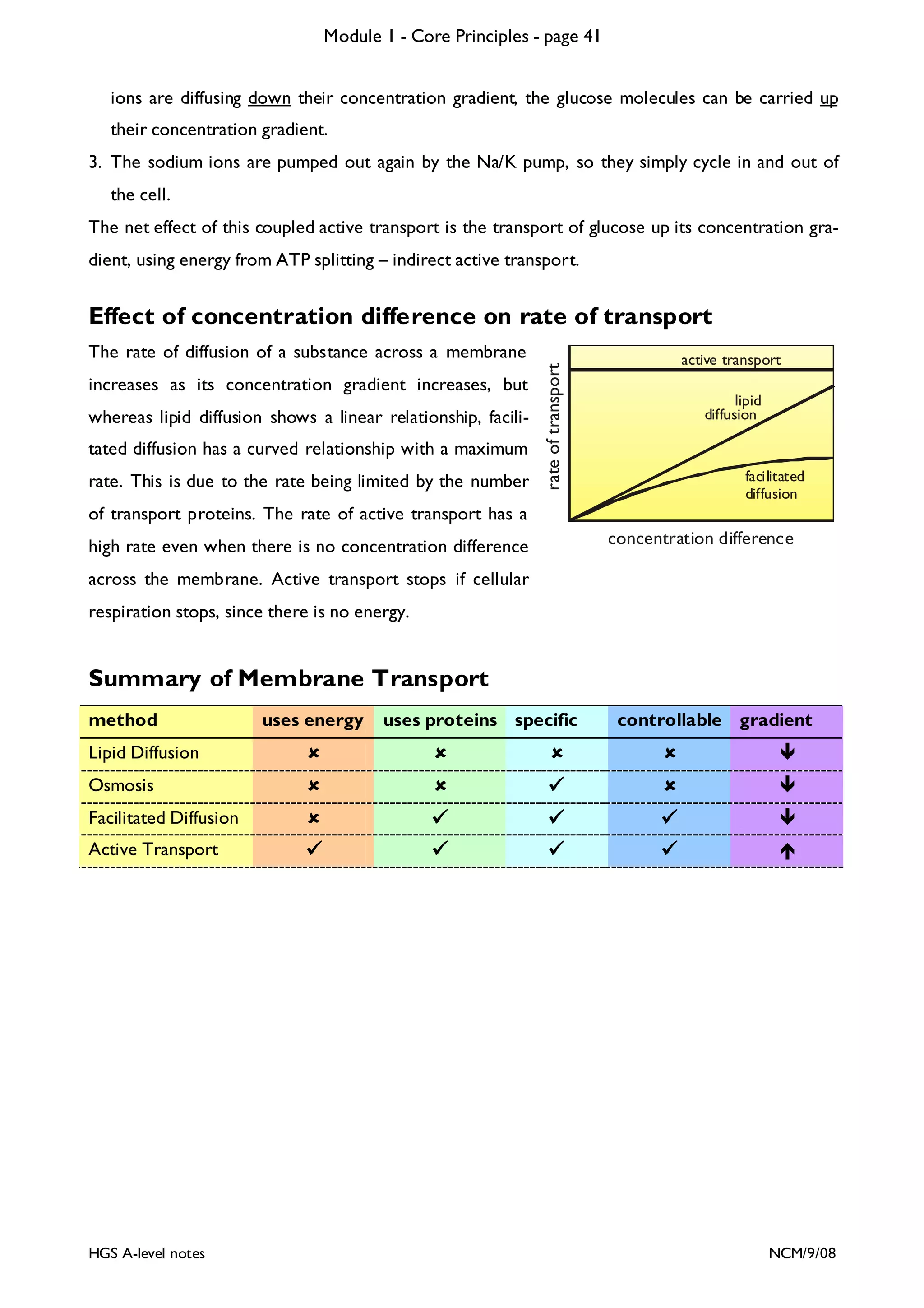 Module 1 - Core Principles - page 41
ions are diffusing down their concentration gradient, the glucose molecules can be carried up
their concentration gradient.
3. The sodium ions are pumped out again by the Na/K pump, so they simply cycle in and out of
the cell.
The net effect of this coupled active transport is the transport of glucose up its concentration gradient, using energy from ATP splitting – indirect active transport.

Effect of concentration difference on rate of transport
increases as its concentration gradient increases, but
whereas lipid diffusion shows a linear relationship, facilitated diffusion has a curved relationship with a maximum
rate. This is due to the rate being limited by the number

rate of transport

The rate of diffusion of a substance across a membrane

active transport
lipid
diffusion

facilitated
diffusion

of transport proteins. The rate of active transport has a
high rate even when there is no concentration difference

concentration difference

across the membrane. Active transport stops if cellular
respiration stops, since there is no energy.

Summary of Membrane Transport
method

uses energy

uses proteins specific

controllable gradient

Lipid Diffusion
Osmosis
Facilitated Diffusion
Active Transport

HGS A-level notes

NCM/9/08

 