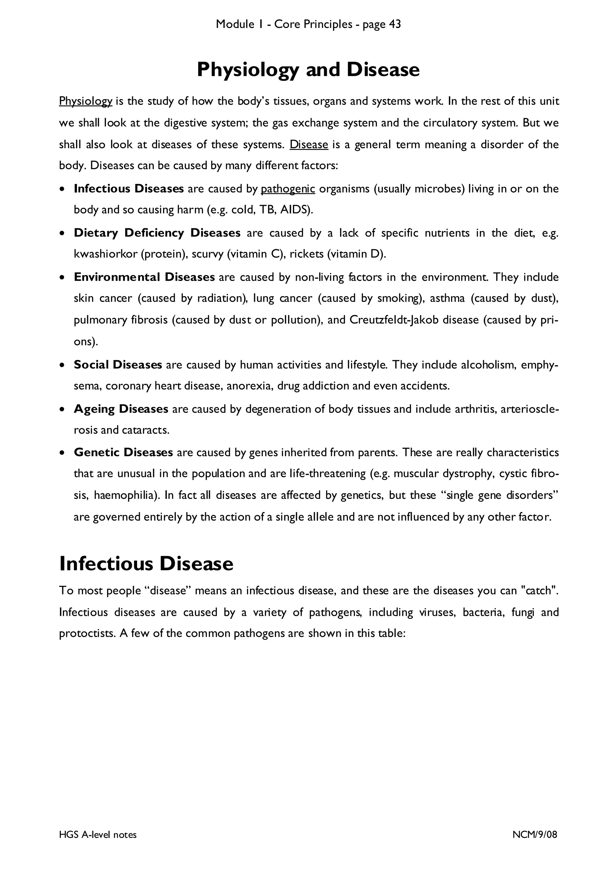 Module 1 - Core Principles - page 43

Physiology and Disease
Physiology is the study of how the body’s tissues, organs and systems work. In the rest of this unit
we shall look at the digestive system; the gas exchange system and the circulatory system. But we
shall also look at diseases of these systems. Disease is a general term meaning a disorder of the
body. Diseases can be caused by many different factors:
• Infectious Diseases are caused by pathogenic organisms (usually microbes) living in or on the
body and so causing harm (e.g. cold, TB, AIDS).
• Dietary Deficiency Diseases are caused by a lack of specific nutrients in the diet, e.g.
kwashiorkor (protein), scurvy (vitamin C), rickets (vitamin D).
• Environmental Diseases are caused by non-living factors in the environment. They include
skin cancer (caused by radiation), lung cancer (caused by smoking), asthma (caused by dust),
pulmonary fibrosis (caused by dust or pollution), and Creutzfeldt-Jakob disease (caused by prions).
• Social Diseases are caused by human activities and lifestyle. They include alcoholism, emphysema, coronary heart disease, anorexia, drug addiction and even accidents.
• Ageing Diseases are caused by degeneration of body tissues and include arthritis, arteriosclerosis and cataracts.
• Genetic Diseases are caused by genes inherited from parents. These are really characteristics
that are unusual in the population and are life-threatening (e.g. muscular dystrophy, cystic fibrosis, haemophilia). In fact all diseases are affected by genetics, but these “single gene disorders”
are governed entirely by the action of a single allele and are not influenced by any other factor.

Infectious Disease
To most people “disease” means an infectious disease, and these are the diseases you can "catch".
Infectious diseases are caused by a variety of pathogens, including viruses, bacteria, fungi and
protoctists. A few of the common pathogens are shown in this table:

HGS A-level notes

NCM/9/08

 